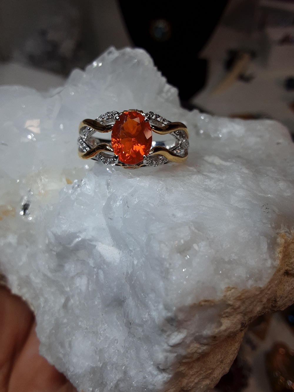 925 Genuine Fire Opal And White Zircon Ring.